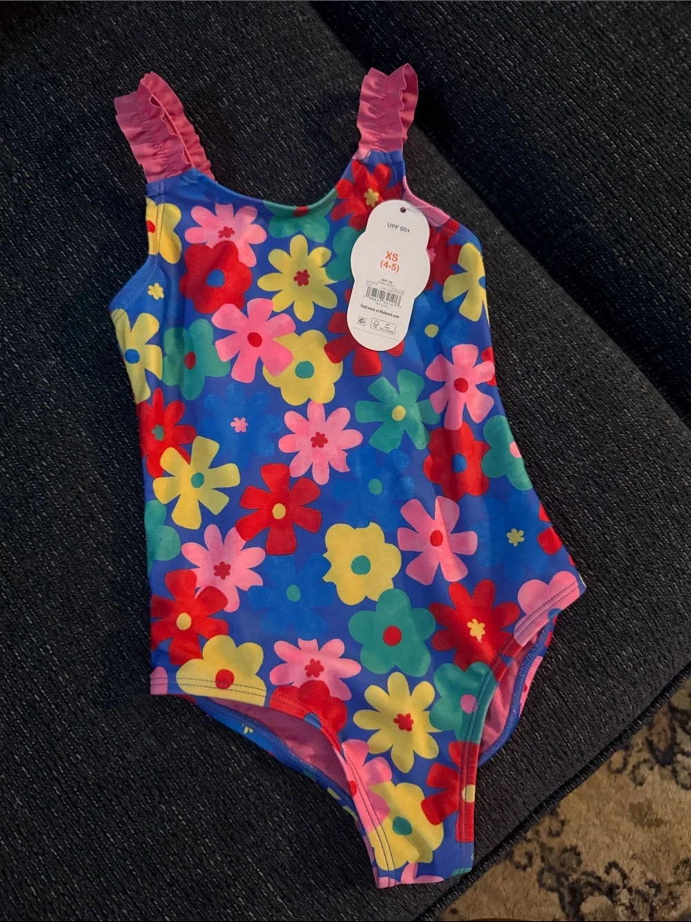 wonder nation Bright Blue Floral One-Piece Swimsuit with Pink Ruffle Straps